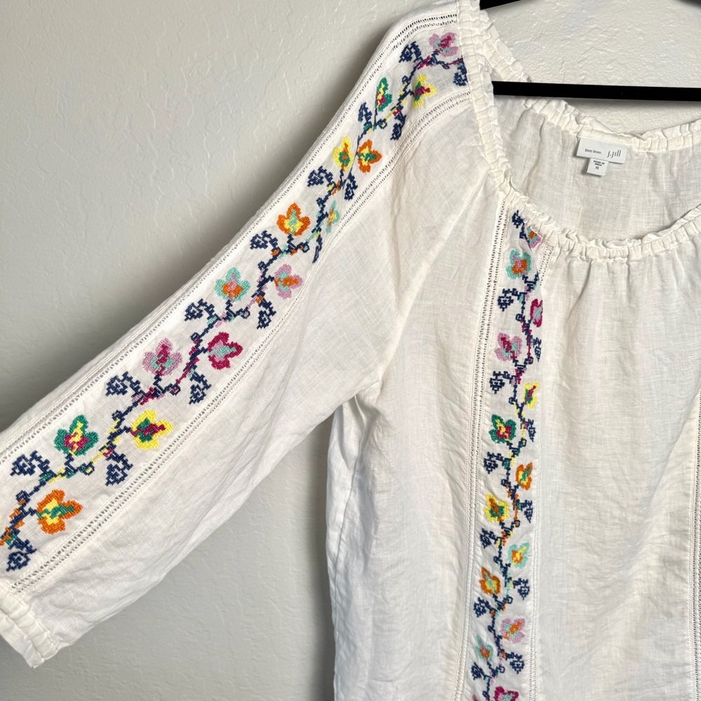 J. Jill Love Linen White Floral Embroidered Blouse XL Boho Coastal - Picture 4 of 8